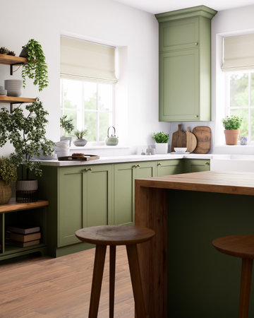 A modern green kitchen with natural elements and an elegant modern designの写真素材