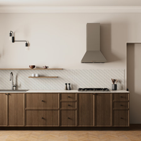 Discover a modern kitchen with wooden cabinets, elegant lighting and functional design elementsの写真素材