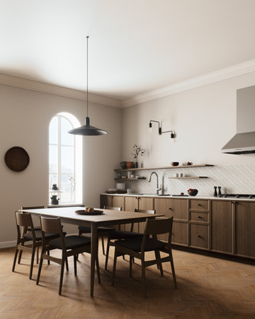 Modern minimalist kitchen with natural lighting and elegant designの写真素材