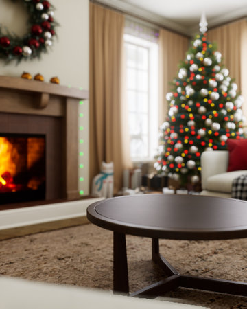 Cozy holiday living room with a beautiful Christmas tree and a cozy fireplaceの写真素材