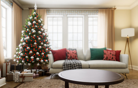 Cozy holiday living room with a beautiful Christmas tree and cheerful decorationsの写真素材