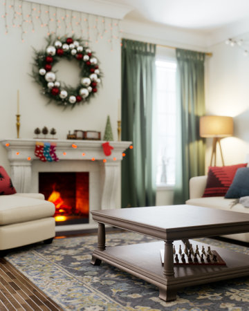 Cozy and cozy holiday living room with holiday decor, fireplace and comfortの写真素材