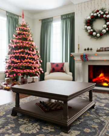 Cozy holiday living room with a beautifully decorated Christmas tree and a warm fireplaceの写真素材