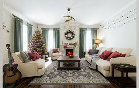 Cozy living room with a beautiful Christmas tree and stylish modern decor accentsの写真素材