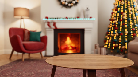 Cozy Christmas living room with a beautifully decorated Christmas tree and a warm fireplace.の写真素材