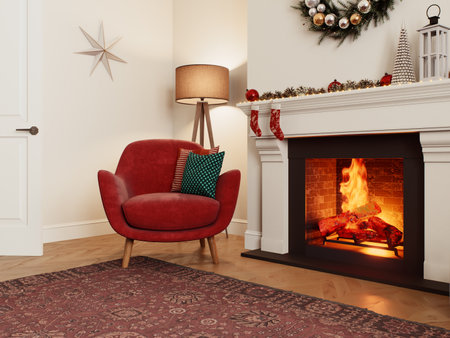 Cozy living room with modern decor and a warm and cozy fireplace.の写真素材