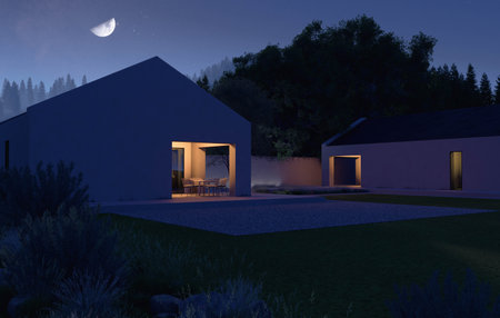 A Serene and Modern Home Nestled Beneath a Starry Night Sky Full of Twinkling Starsの写真素材