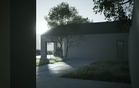 Exploring Modern Minimalist Architecture Set Against a Stunning Natural Landscapeの写真素材