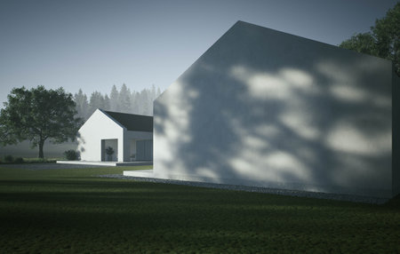 Exploring Modern Minimalist Architecture Set Against a Stunning Natural Landscapeの写真素材