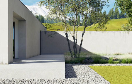 Contemporary Architectural Design Set Against a Serene and Picturesque Mountain Landscapeの写真素材