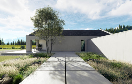 Contemporary Architectural Design Set Against a Serene and Picturesque Mountain Landscapeの写真素材