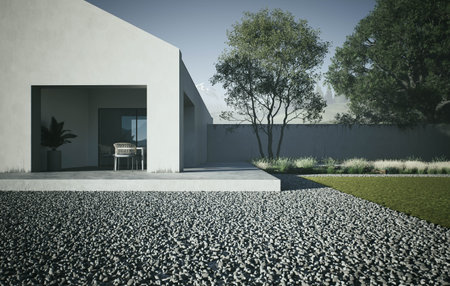 Exploring Modern Minimalist Architecture Set Against a Stunning Natural Landscapeの写真素材