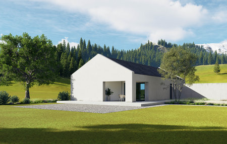 Contemporary Architectural Design Set Against a Serene and Picturesque Mountain Landscapeの写真素材