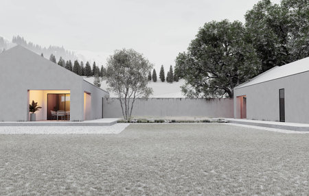 A Modern Minimalist House Situated in a Beautiful Winter Landscapeの写真素材