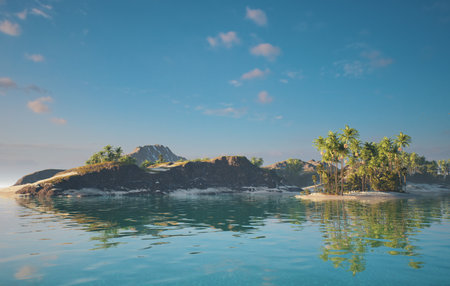 A Serene Tropical Landscape featuring Clear Waters and Lush Vegetation all around itの写真素材
