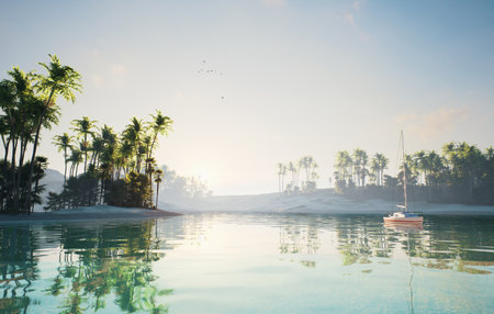 A Serene Tropical Landscape featuring Clear Waters and Lush Vegetation all around itの写真素材
