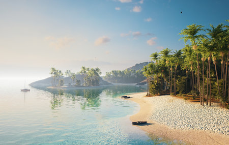 A Serene Tropical Landscape featuring Clear Waters and Lush Vegetation all around itの写真素材