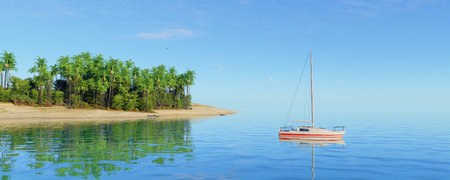A Serene Tropical Landscape featuring Clear Waters and Lush Vegetation all around itの写真素材