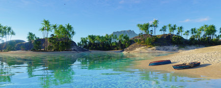 A Serene Tropical Landscape featuring Clear Waters and Lush Vegetation all around itの写真素材