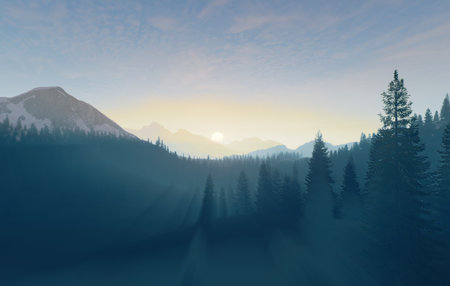 A Beautiful Serene Mountain Landscape at Dawn Surrounded by Misty Fog Creating a Calm Atmosphereの写真素材