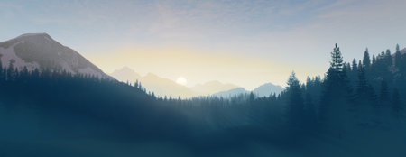 A Beautiful Serene Mountain Landscape at Dawn Surrounded by Misty Fog Creating a Calm Atmosphereの写真素材