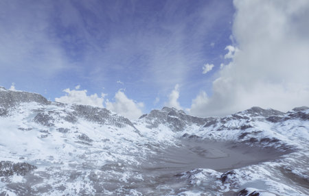 Behold the Majestic Aerial View of the SnowCapped Mountains Beneath a Clear Blue Skyの写真素材