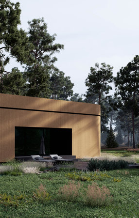 A Modern Wooden Cabin Nestled Amongst Lush Green Forest and Natural Surroundingsの写真素材