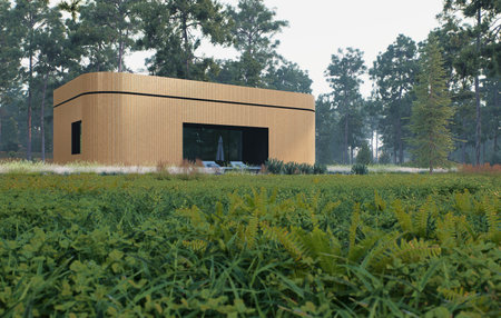 A Modern Cabin Nestled Amongst Lush Green Forest and Natural Surroundingsの写真素材