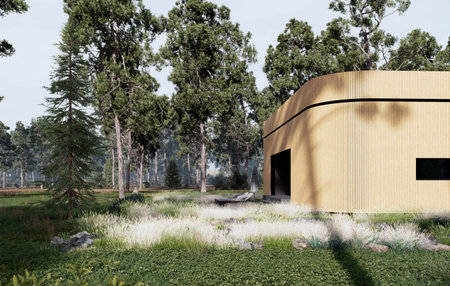 A Modern Wooden Cabin Nestled Amongst Lush Green Forest and Natural Surroundingsの写真素材