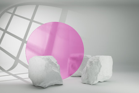 Artistic Abstract White Sculptures Featuring a Pink Circle in a Clean Minimalist Settingの写真素材