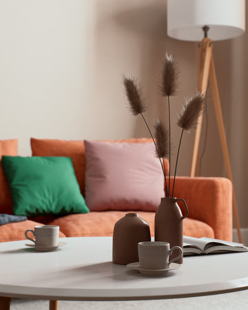 A Cozy Living Room that Features Modern Decor and Integrates Natural Elements Beautifullyの写真素材