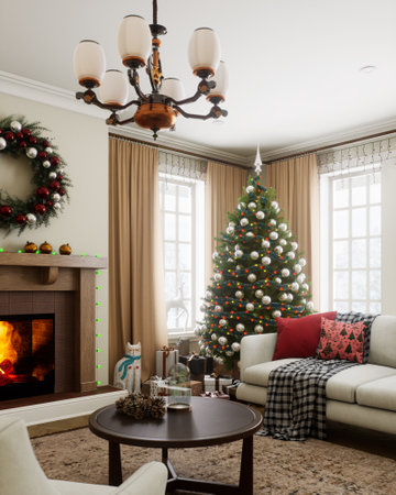 A cozy Christmas living room filled with festive decor and holiday spirit.の写真素材