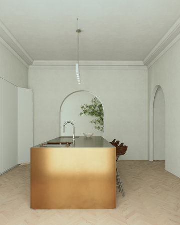 A modern minimalist kitchen with a sleek and elegant arrangement of a copper islandの写真素材