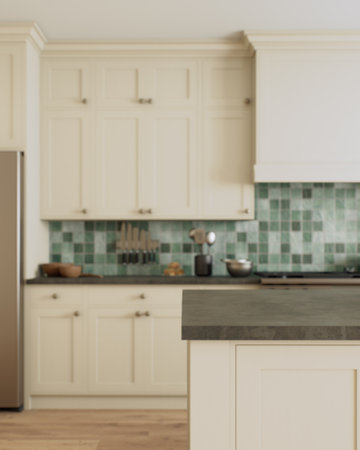 This is a stylish and modern kitchen, decorated with beautiful green accents and an open layoutの写真素材