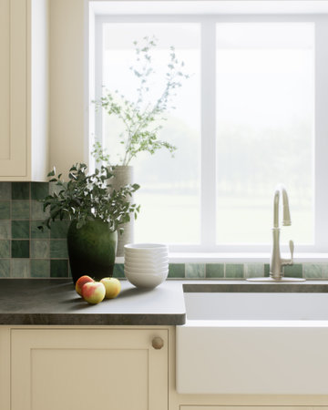 This is a stylish and modern kitchen, decorated with beautiful green accents and an open layoutの写真素材