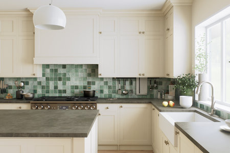 An elegant modern kitchen with a stylish mint-colored tile that captivatesの写真素材