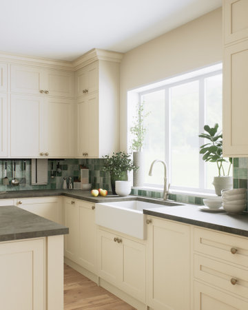 This is a stylish and modern kitchen, decorated with beautiful green accents and an open layoutの写真素材
