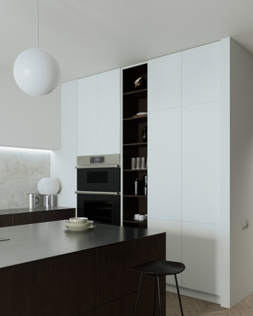 Modern minimalist kitchen design with sleek cabinets and a central islandの写真素材