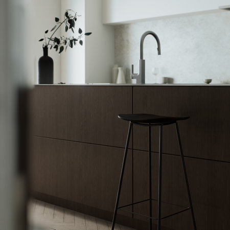 Explore a Modern Kitchen Interior designed with a variety of Stylish and chic Elementsの写真素材