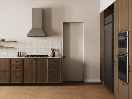 A Modern Kitchen Interior Featuring Stylish Cabinets and Appliances Throughoutの写真素材
