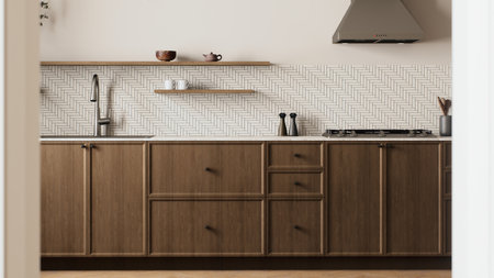 Discover modern minimalist kitchen design with stylish wooden cabinets and sleek finishesの写真素材