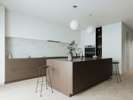 Explore the beauty of Modern Minimalist Kitchen Design with its Elegant Finishes and Featuresの写真素材
