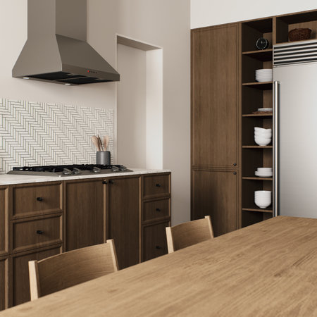 A stylish modern kitchen interior featuring beautiful wooden elements and sleek modern appliancesの写真素材