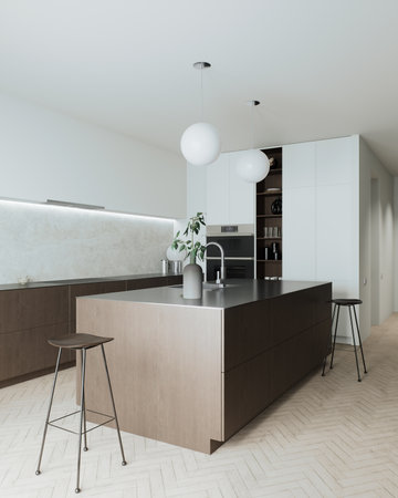 Modern minimalist kitchen with elegant design and elegant lighting elementsの写真素材