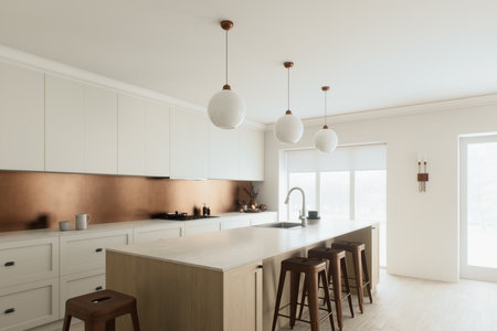 This modern minimalist kitchen features beautiful copper accents alongside stylish lightingの写真素材