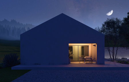 A Serene and Modern Home Nestled Beneath a Starry Night Sky Full of Twinkling Starsの写真素材