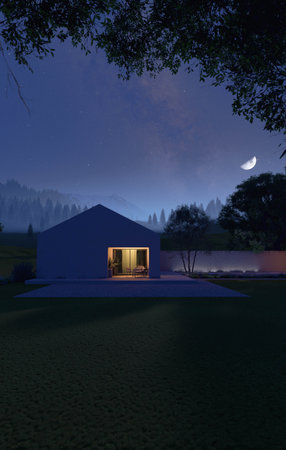 A Serene and Modern Home Nestled Beneath a Starry Night Sky Full of Twinkling Starsの写真素材