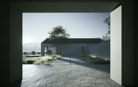 Exploring Modern Minimalist Architecture Set Against a Stunning Natural Landscapeの写真素材