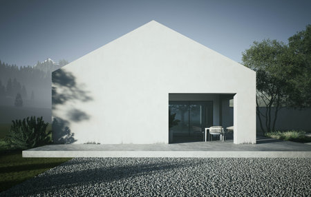 Exploring Modern Minimalist Architecture Set Against a Stunning Natural Landscapeの写真素材