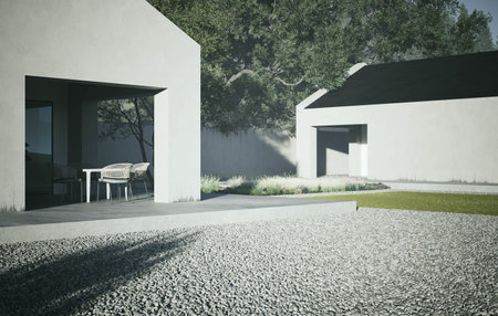 Exploring Modern Minimalist Architecture Set Against a Stunning Natural Landscapeの写真素材